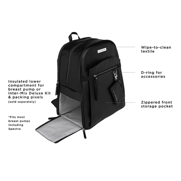 provisions backpack features wipe-to-clean textile, insulated lower compartment for breast pump, d-ring for accessories, zippered front storage pocket