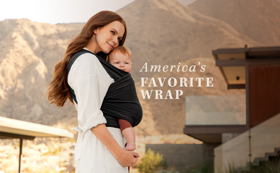 america's favorite wrap. mom wearing baby in moby wrap