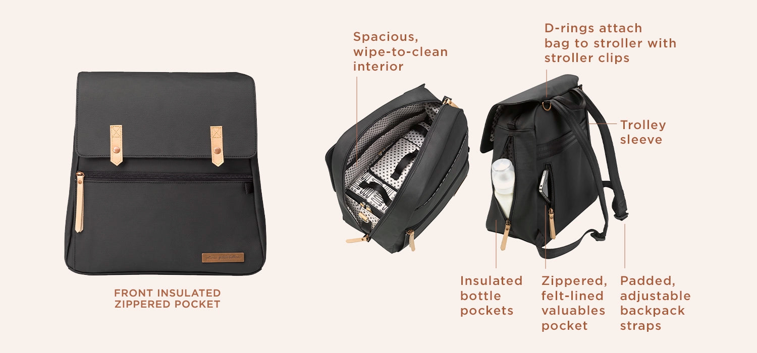 meta backpack in black matte. front insulated zippered pocket, spacious, wipe-to-clean interior, d-rings attach bag to stroller with stroller clips, trolley sleeve, insulated bottle pockets, zippered felt-lined valuables pocket, padded, adjustable backpack straps