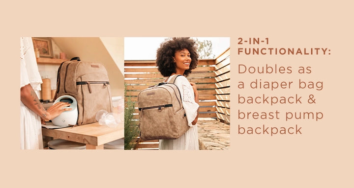 featuring the provisions backpack in brioche. 2-in-1 functionality: doubles as a diaper bag backpack and breast pump backpack