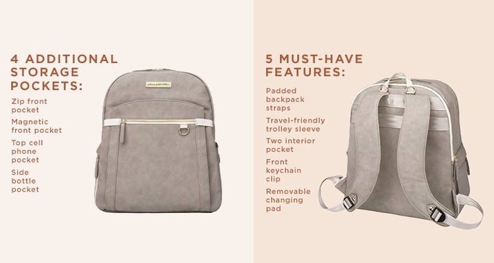 featuring the provisions backpack in grey matte leatherette. 4 additional storage pockets: zip front pocket, magnetic front pocket, top cell phone pocket, side bottle pocket. 5 must have features: padded backpack straps, travel-friendly trolley-sleeve, two interior pocket, front keychain clip, removable changing pad