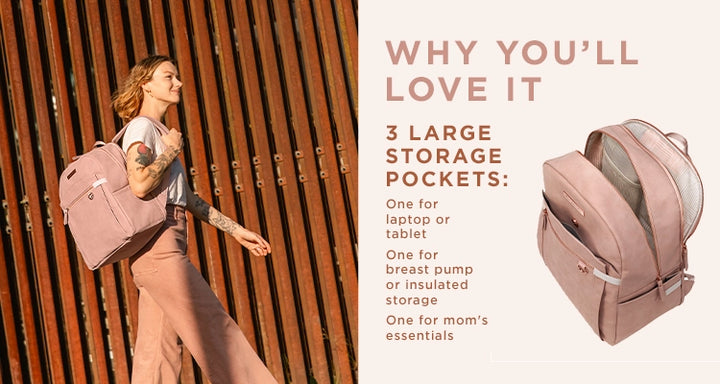 mom walking while wearing the provisions backpack in toffee rose. why you'll love the provisions backpack. 3 large storage pockets: one for laptop or tablet, one for breast pump or insulated storage, one for mom's essentials