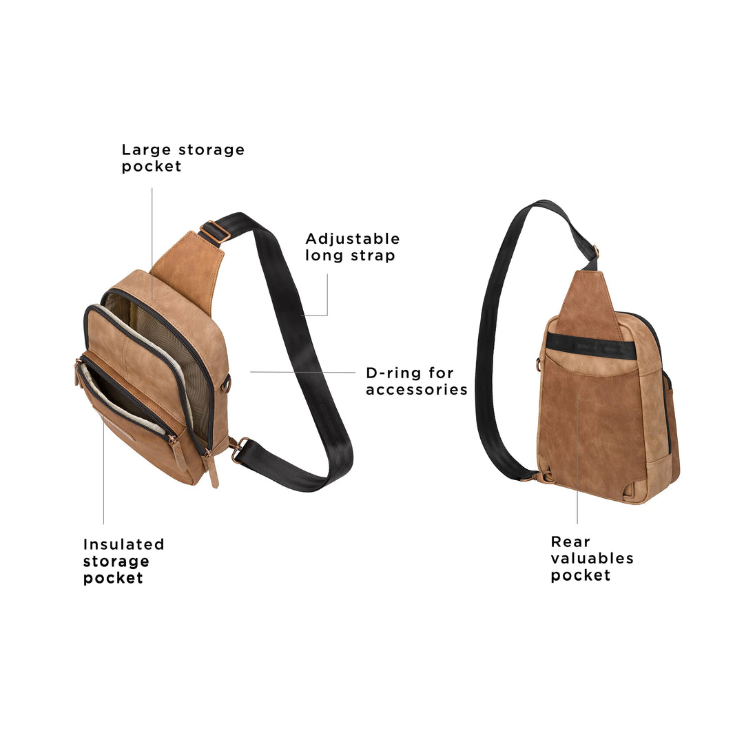 the criss-cross sling has a large storage pocket, adjustable long strap, insulated storage pocket, d-ring for accessories, and rear valuables pocket