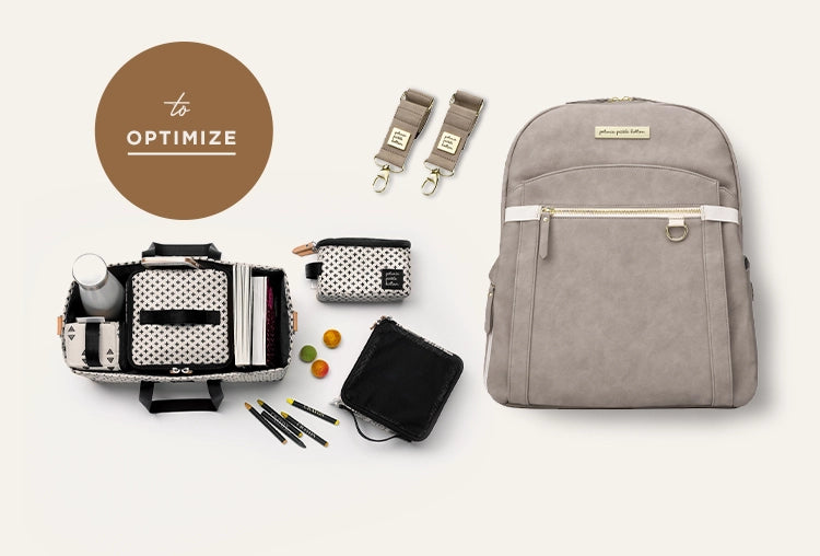 to optimize. provisions backpack bundle featuring the provisions backpack in grey matte leatherette, inter-mix deluxe kit in positive, and valet stroller clips in grey matte leatherette