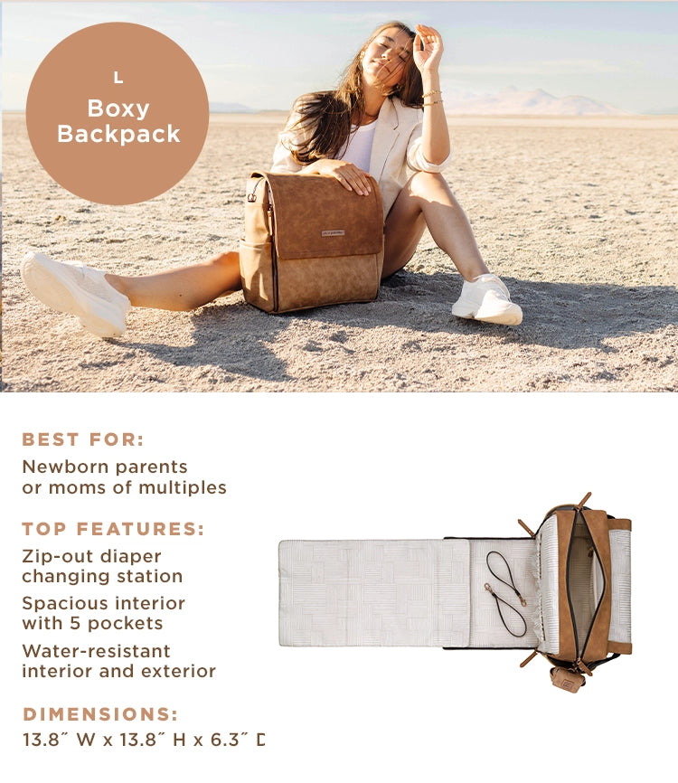 Boxy Backpack size L. best for newborn parents or mom of multiples. top features: zip-out diaper changing station, spacious interior with 5 pockets, water-resistant interior and exterior. dimensions: 13.8" W x 1.8" W, 6.3" D