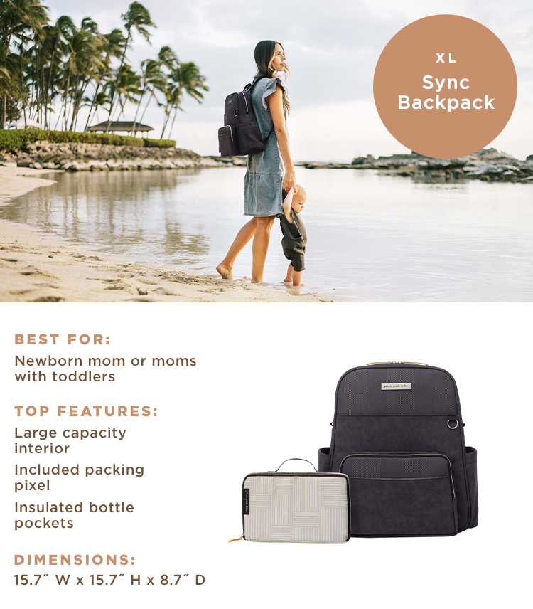 XL - Sync Backpack - Best For: Newborn mom or moms with toddlers. Top Features: Large capacity interior, included packing pixel, insulated bottle pockets. Dimensions: 15.7" W x 15.7" H x 8.7" D.