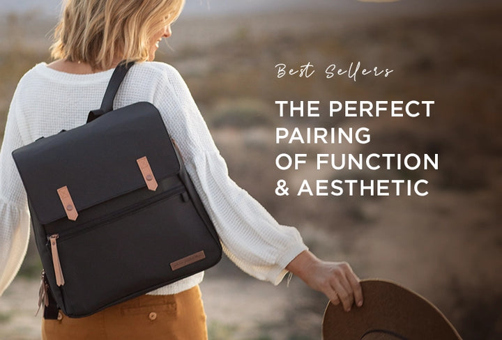 best seller the perfect pairing of function and aesthetic. mom wearing the meta backpack in black matte