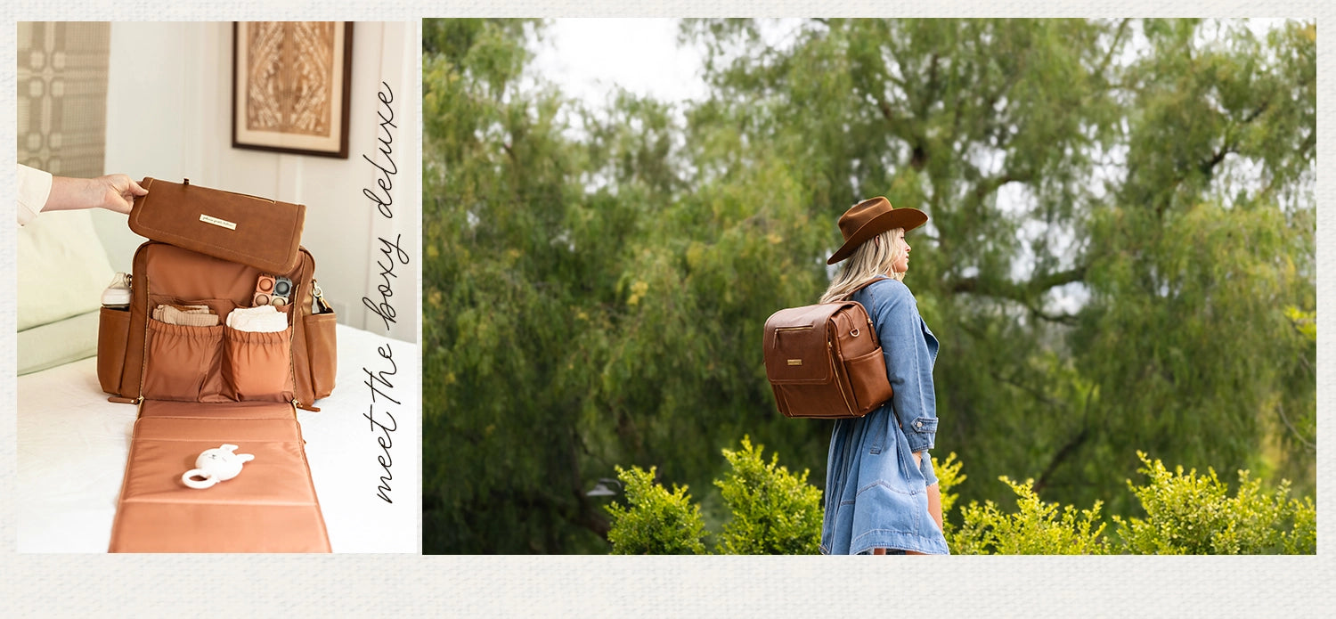 meet the boxy backpack deluxe. the most feature rich diaper bag for moms of multiples or a hospital bag. worn by mom styled with a cowboy hat in a dark brown color.