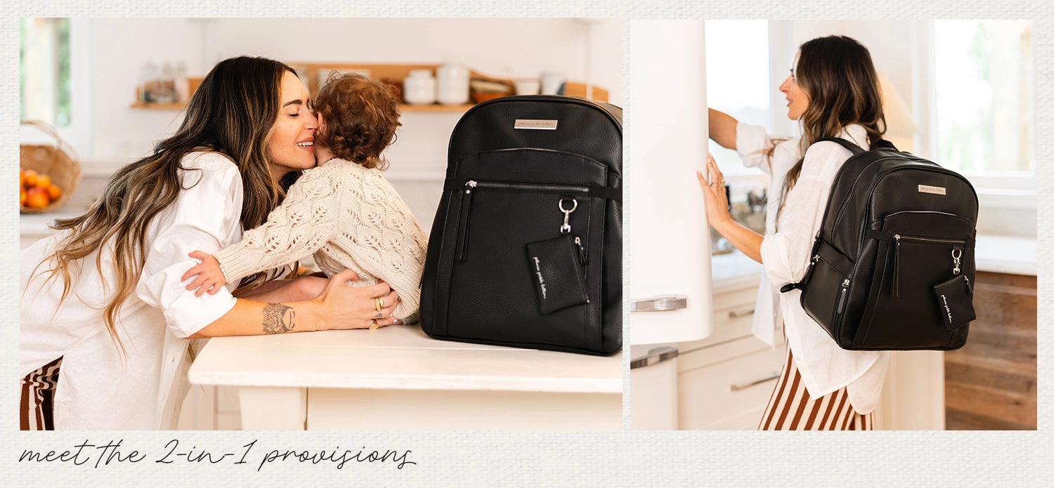 meet the 2-in-1 provisions shown worn by a mom packing her breast pump and supplies