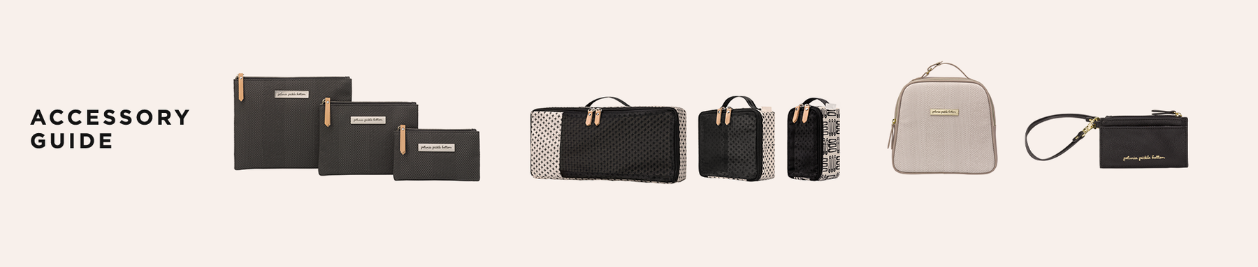 accessory guide. featuring the organizer trio in carbon cable stitch, packing pixels in positive, tandem tote and lunch bag in grey matte cable stitch, and petunia pickle bottom wallet wristlet
