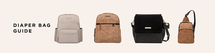 diaper bag guide. featuring the sync backpack in grey matte cable stitch, provisions backpack in brioche, meta backpack in sand cable stitch, boxy backpack in twilight black, and criss-cross sling in brioche