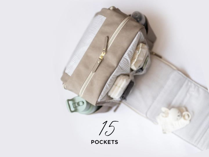 boxy backpack deluxe aerial view photo showing zip out changing station on 15 pockets inside & out