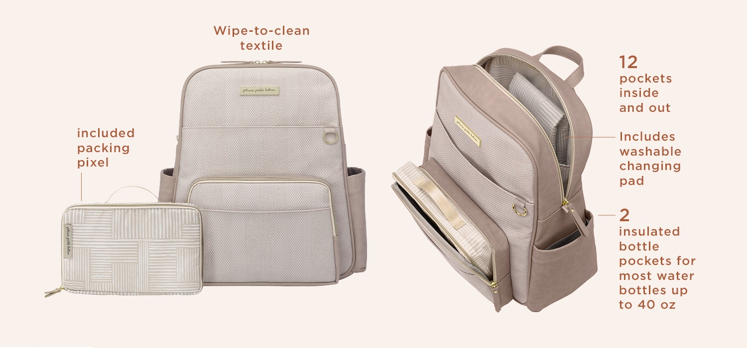 sync backpack in grey matte cable stitch. included packing pixel, wipe-to-clean textile, 12 pockets inside and out, includes washable changing pad, 2 insulated bottle pockets for most water bottles up to 40ox
