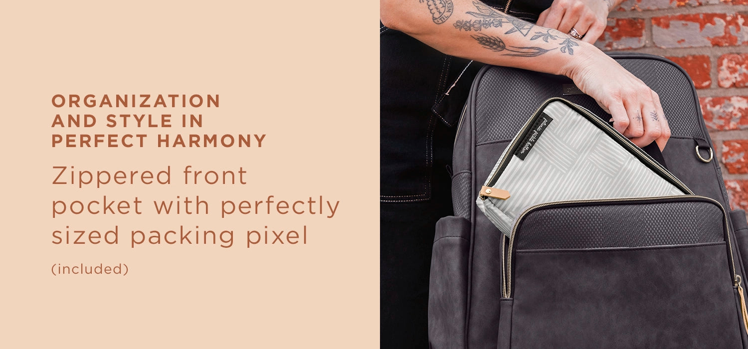 organization and style in perfect harmony zippered front pocket with perfectly sized packing pixel (included)