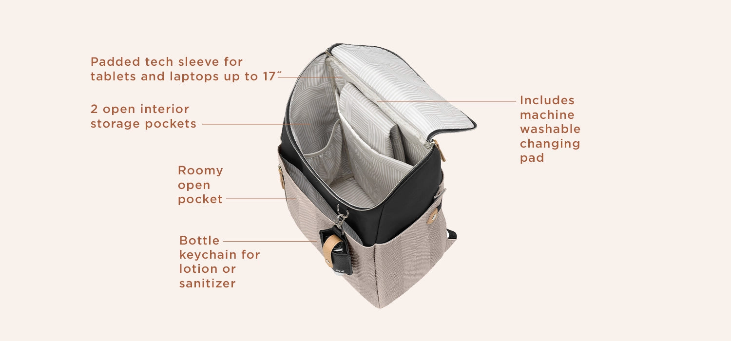 padded tech sleeve for tablets and laptops up to 17 inches, 2 open interior storage pockets, roomy open pocket, bottle keychain for lotion or sanitizer, includes machine washable changing pad. features the tempo backpack in black/.sand