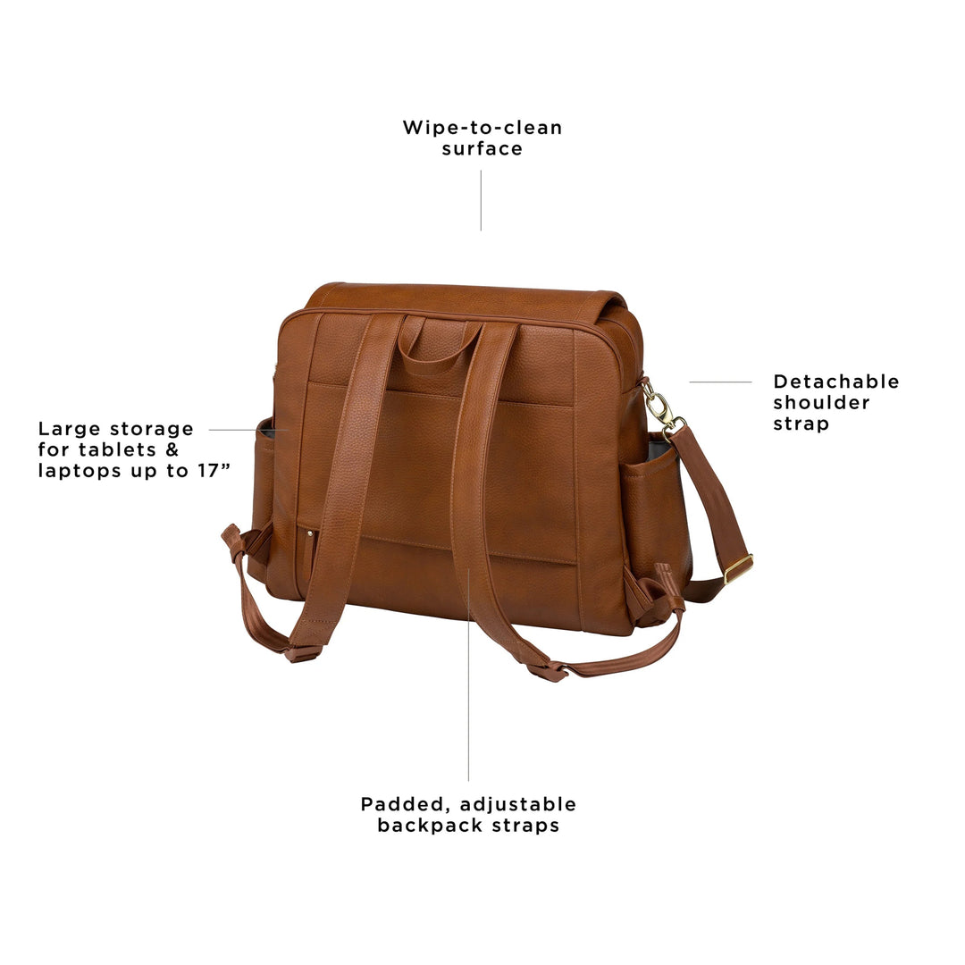 large storage for tablets & laptops up to 17 inches. wipe-to-clean surface. padded, adjustable backpack straps. detachable shoulder strap