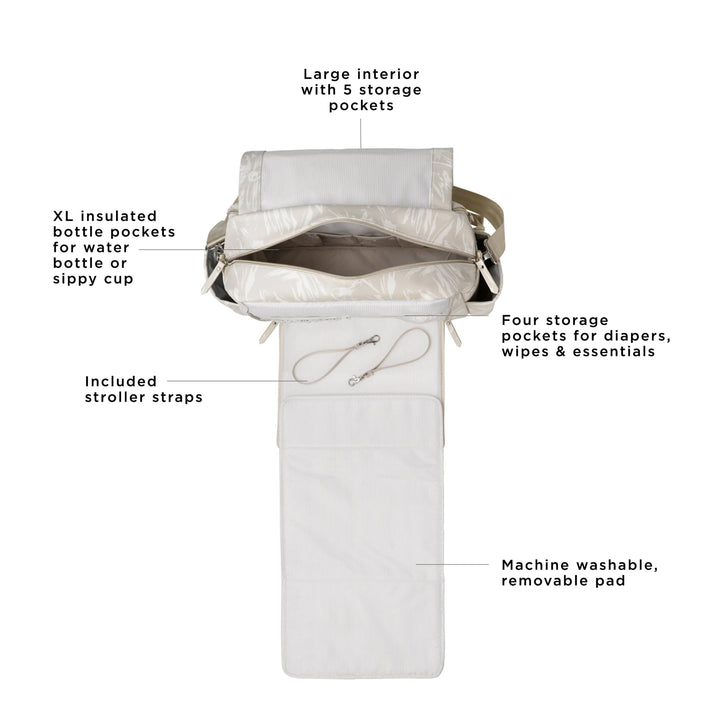 Boxy Backpack Deluxe in linen blossom. XL insulated bottle pockets for water bottle or sippy cup. machine washable, removable pad, four storage pockets for diapers, wipes & essentials. included stroller straps. large interior with 5 storage pockets.