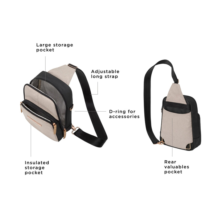 the criss-cross sling has a large storage pocket, adjustable long strap, insulated storage pocket, d-ring for accessories, and rear valuables pocket