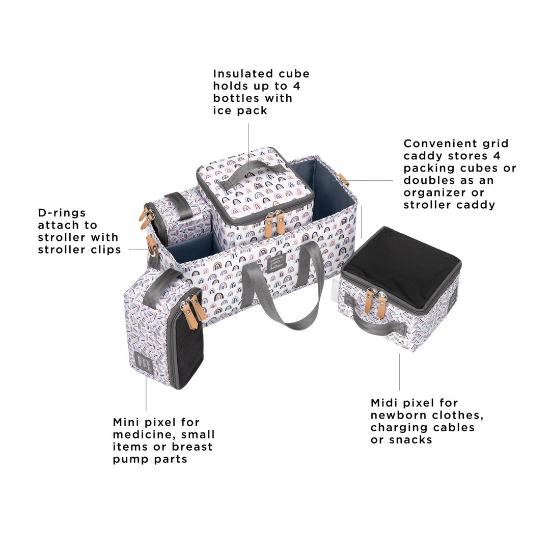 inter-mix deluxe kit - d-rings attach to stroller with stroller clips, mini pixel for medicine, small items or breast pump parts, insulated cube holds up to 4 bottles with ice pack, convenient grid caddy stores 4 packing cubes or doubles as an organizer or stroller caddy, midi pixel for newborn clothes, charging cables or snacks