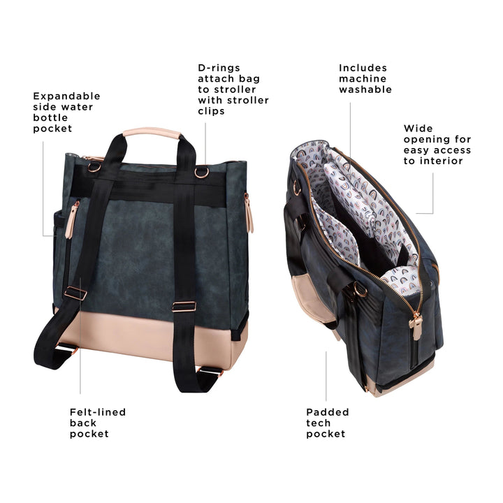 Pivot Pack in Indigo Blush. d-rings attach bag to stroller with stroller clips. expandable side water bottle pocket. felt-lined back pocket. includes machine washable. wide opening for easy access to interior. padded tech pocket.