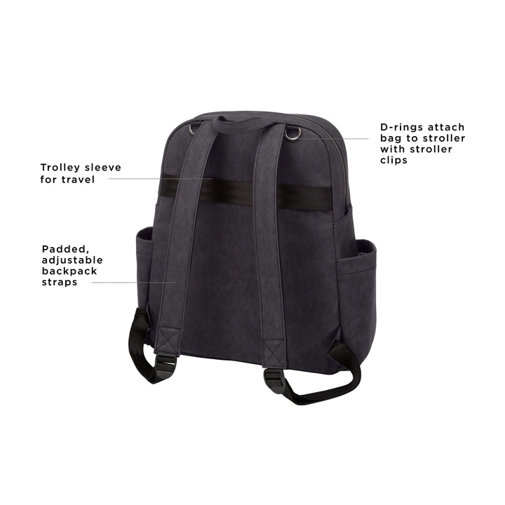Sync backpack rear features d-rings to attach bag to stroller with stroller clips, trolley sleeve for travel, padded, adjustable stroller straps