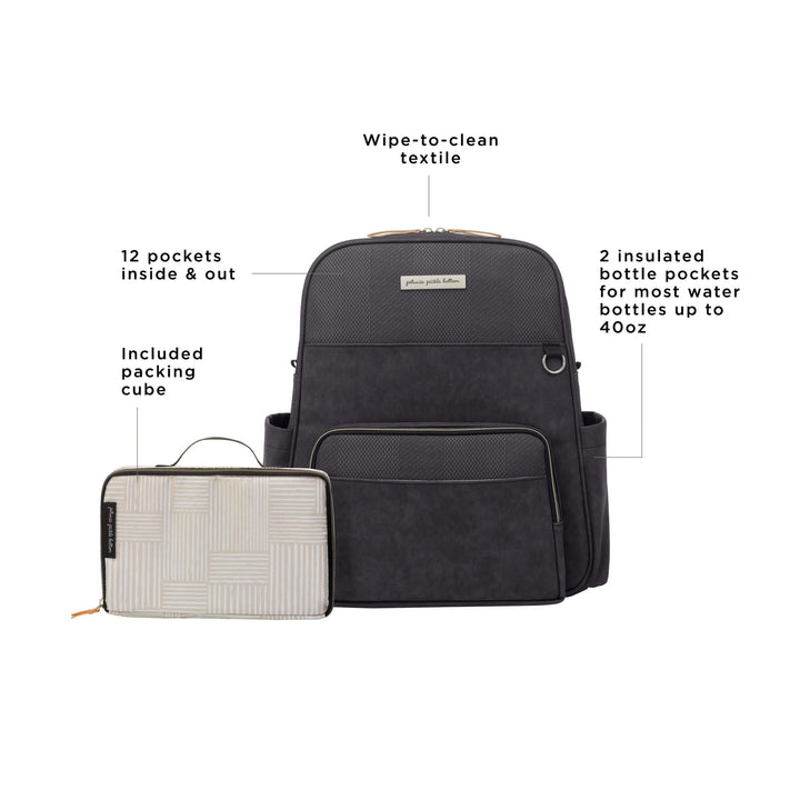 Sync Backpack features wipe-to-clean textile, 12 pockets inside & out, 2 insulated bottle pockets for most bottles up to 40oz, includes packing cube