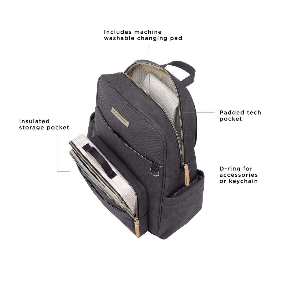 Sync Backpack interior features includes machine washable changing pad, padded tech pocket, d-ring for accessories or keychain, insulated storage pocket