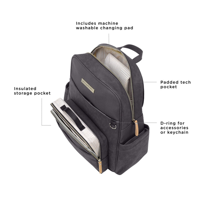 Sync Backpack interior features includes machine washable changing pad, padded tech pocket, d-ring for accessories or keychain, insulated storage pocket
