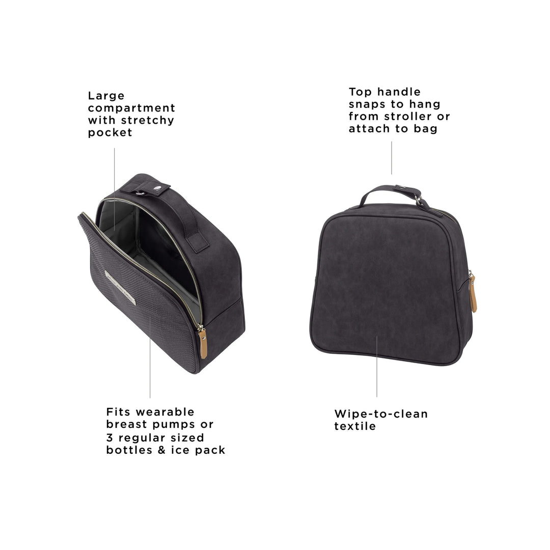 tandem bottle & lunch tote has a large compartment with stretchy pocket, fits wearable breast pumps or 3 regular sized bottles and ice pack, top handle snaps to hang from stroller or attach to bag, wipe-to-clean textile.