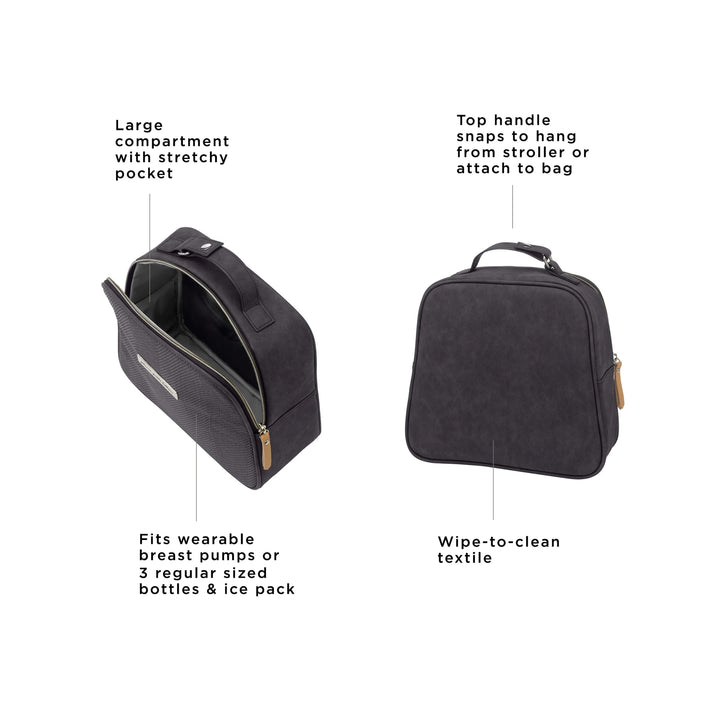 tandem bottle & lunch tote has a large compartment with stretchy pocket, fits wearable breast pumps or 3 regular sized bottles and ice pack, top handle snaps to hang from stroller or attach to bag, wipe-to-clean textile.