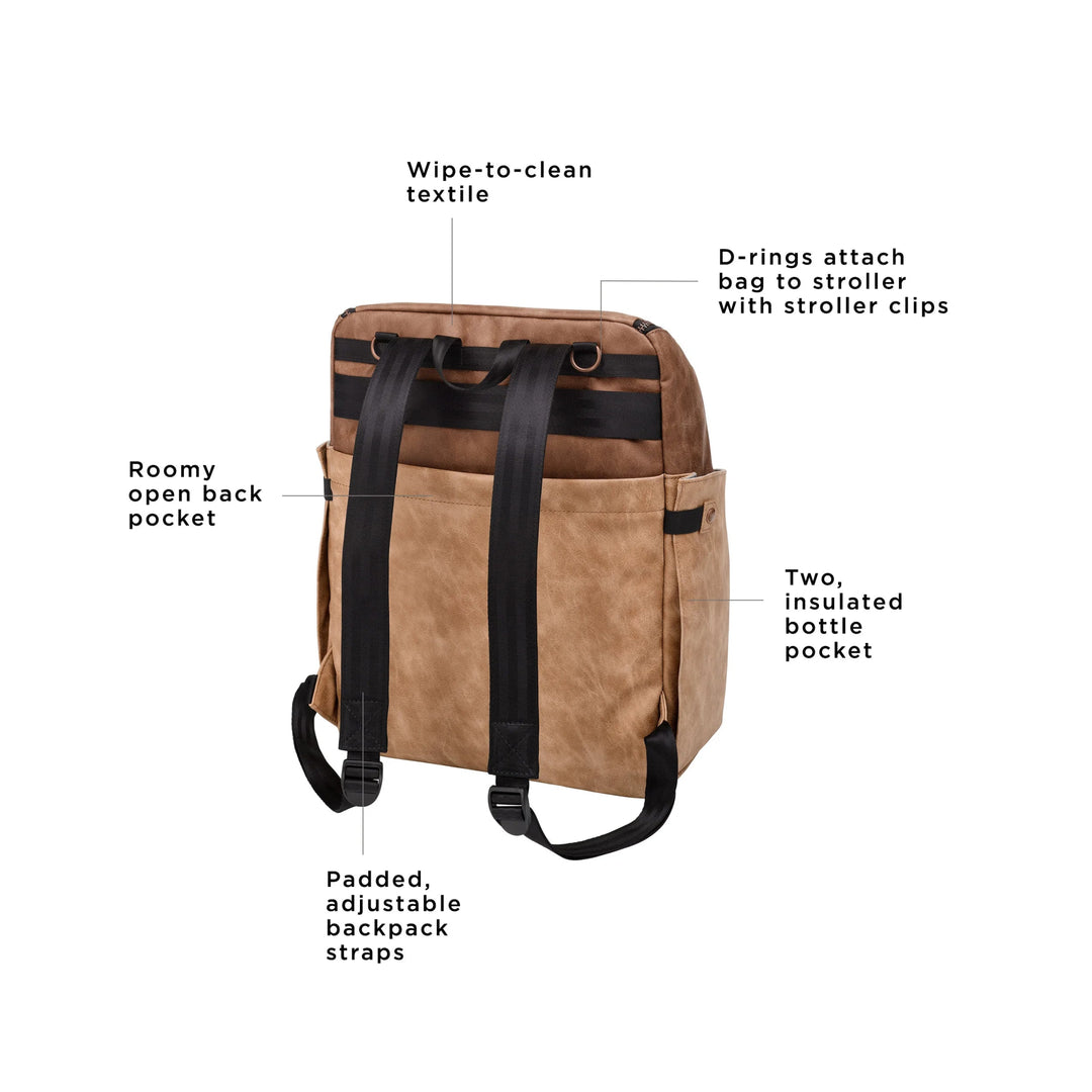 tempo backpack has a wipe to clean textile, roomy open back pocket, padded adjustable backpack straps, d rings attach bag to stroller with stroller clips, and two insulated bottle pocket