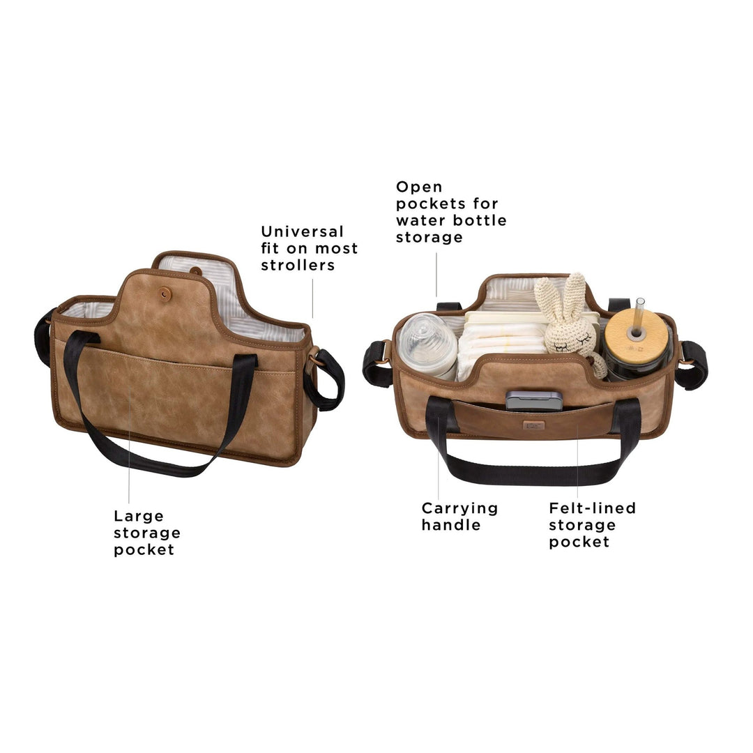 wander stroller caddy - universal fit on most strollers, large storage pocket, open pockets for water bottle storage, carrying handle, felt lined storage pocket