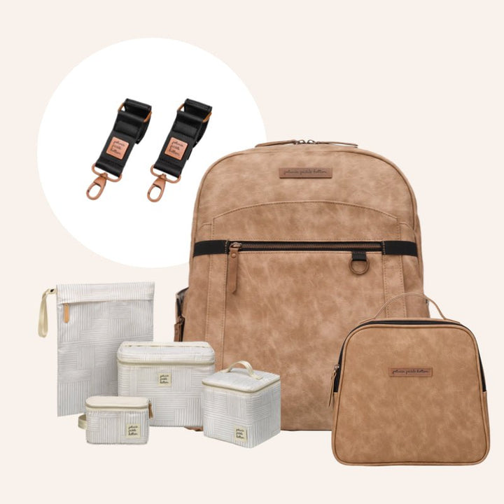this bundle consists of provisions backpack in brioche, tandem tote in brioche, prompt pump kit in checker stitch, and valet stroller clips in antique copper