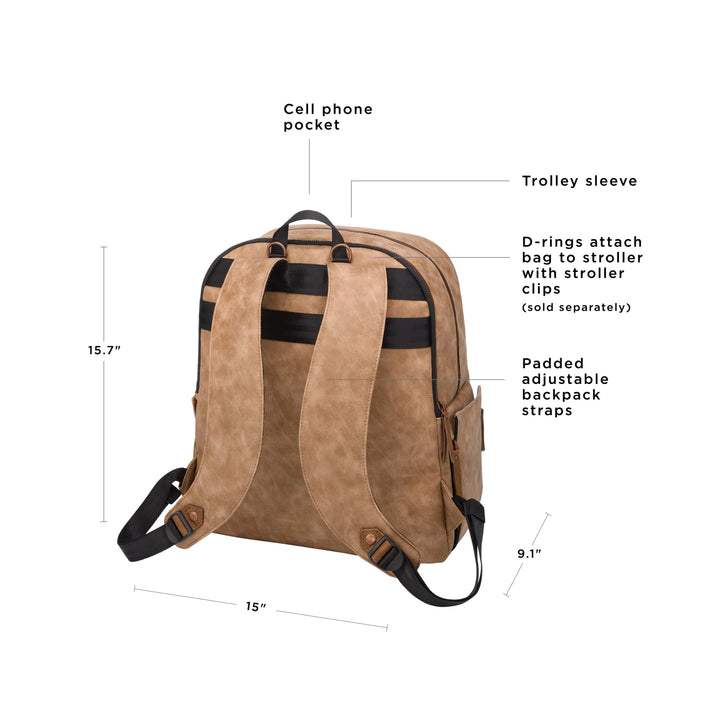 provisions backpack features cell phone pocket, trolley sleeve, d-rings and padded straps. 15.7 inches in height, 9.1 inches in width, and 15 inches in length