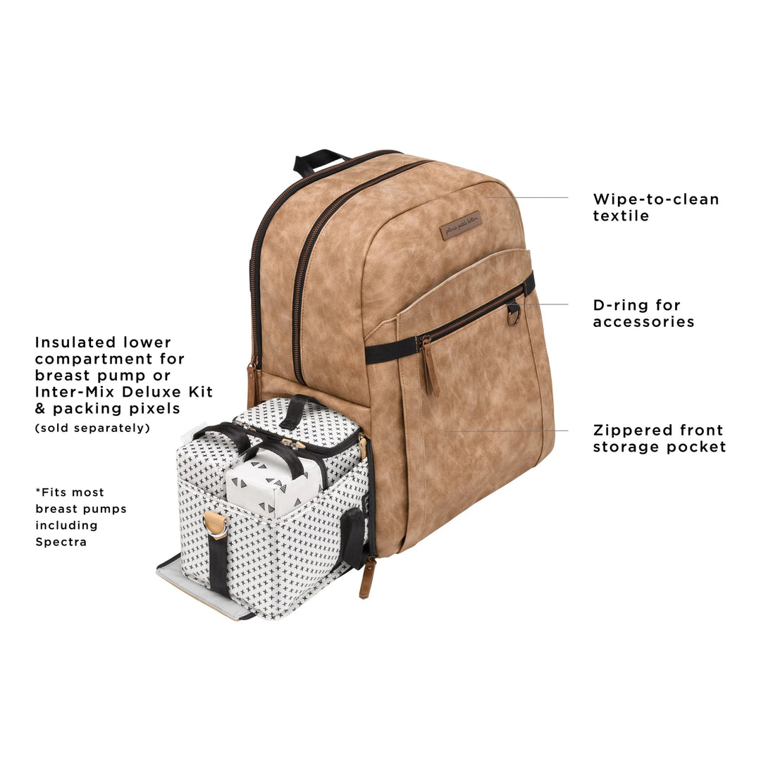 provisions backpack features wipe-to-clean textile, insulated lower compartment for breast pump, d-ring for accessories, zippered front storage pocket