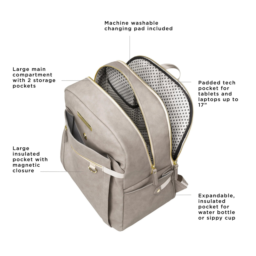 provisions backpack has a large insulated pocket with magnetic closure, large main compartment with 2 storage pockets, machine washable changing pad included, padded tech pocket for tablets and laptops up to 17 inches, and expandable insulated pocket for water bottle or sippy cup