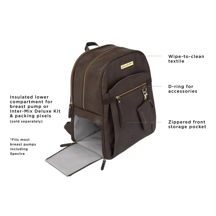 provisions backpack features wipe-to-clean textile, insulated lower compartment for breast pump, d-ring for accessories, zippered front storage pocket
