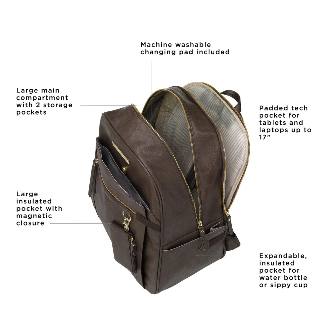 provisions backpack has a large insulated pocket with magnetic closure, large main compartment with 2 storage pockets, machine washable changing pad included, padded tech pocket for tablets and laptops up to 17 inches, and expandable insulated pocket for water bottle or sippy cup