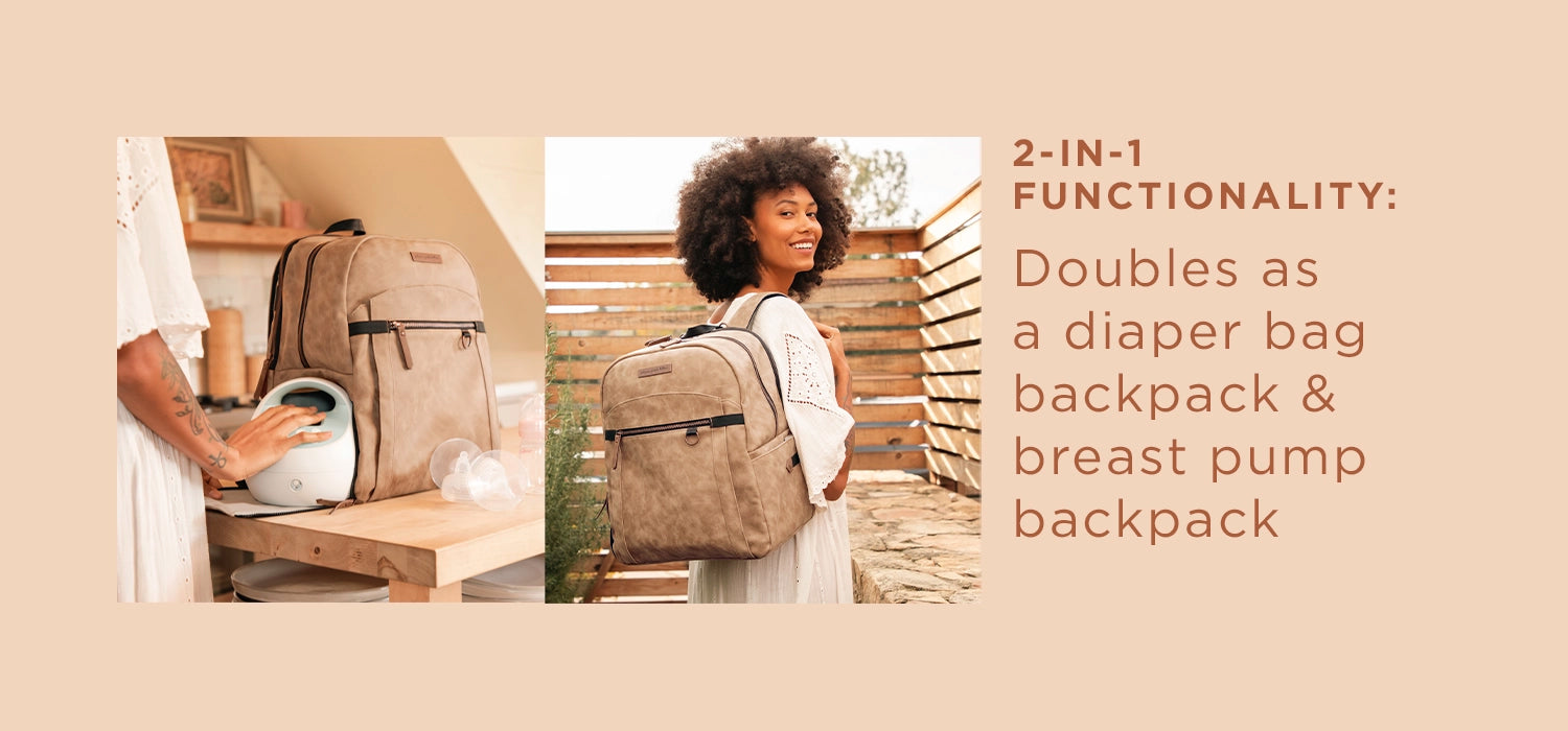featuring the provisions backpack in brioche. 2-in-1 functionality: doubles as a diaper bag backpack and breast pump backpack
