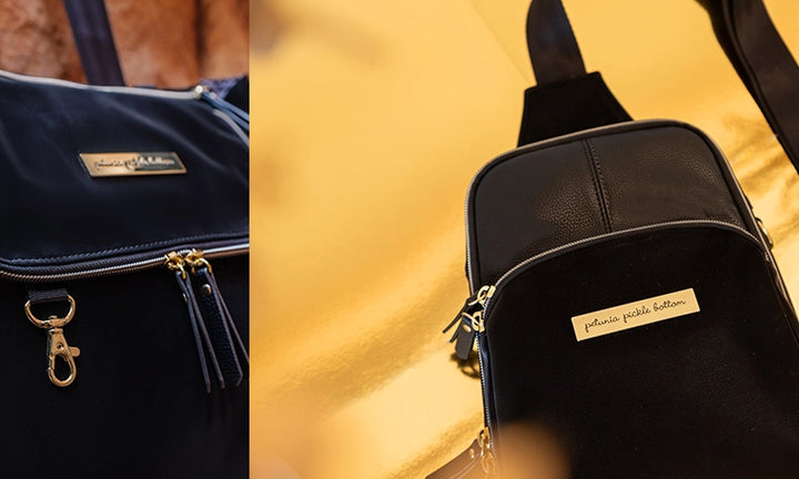 left image shows pivot pack in twilight black. right image shows criss-cross sling in twilight black