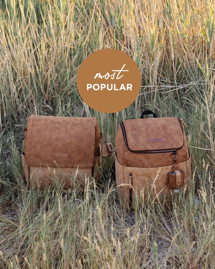 most popular. featuring the boxy backpack and tempo backpack in brioche.