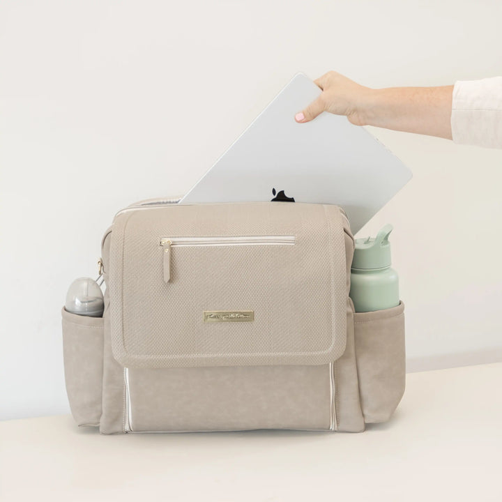 Boxy Backpack Deluxe holds a large laptop and large water bottles or sippy cups