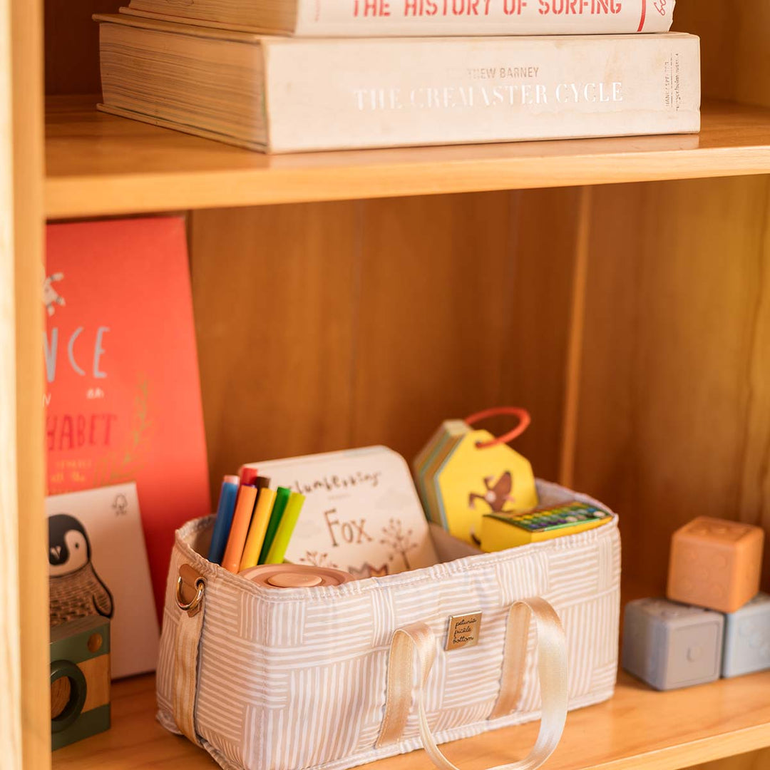 Deluxe kit organizer used for toy storage & art supplies stored on a shelf