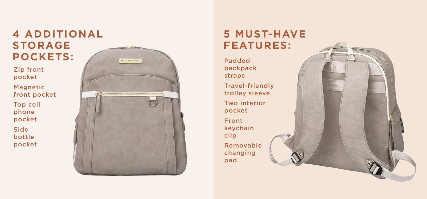 featuring the provisions backpack in grey matte leatherette. 4 additional storage pockets: zip front pocket, magnetic front pocket, top cell phone pocket, side bottle pocket. 5 must have features: padded backpack straps, travel-friendly trolley-sleeve, two interior pocket, front keychain clip, removable changing pad