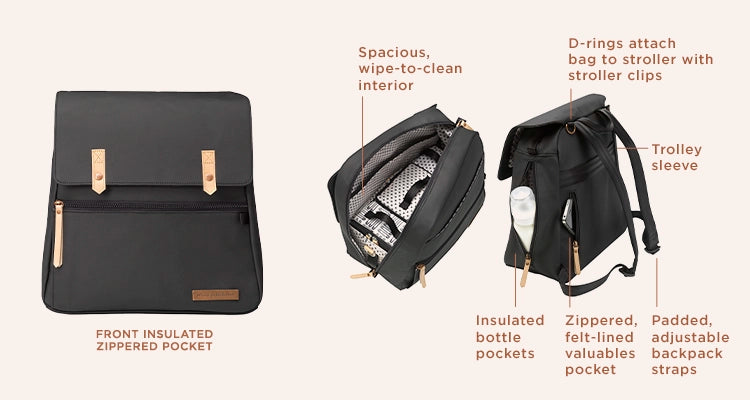 meta backpack in black matte. front insulated zippered pocket, spacious, wipe-to-clean interior, d-rings attach bag to stroller with stroller clips, trolley sleeve, insulated bottle pockets, zippered felt-lined valuables pocket, padded, adjustable backpack straps