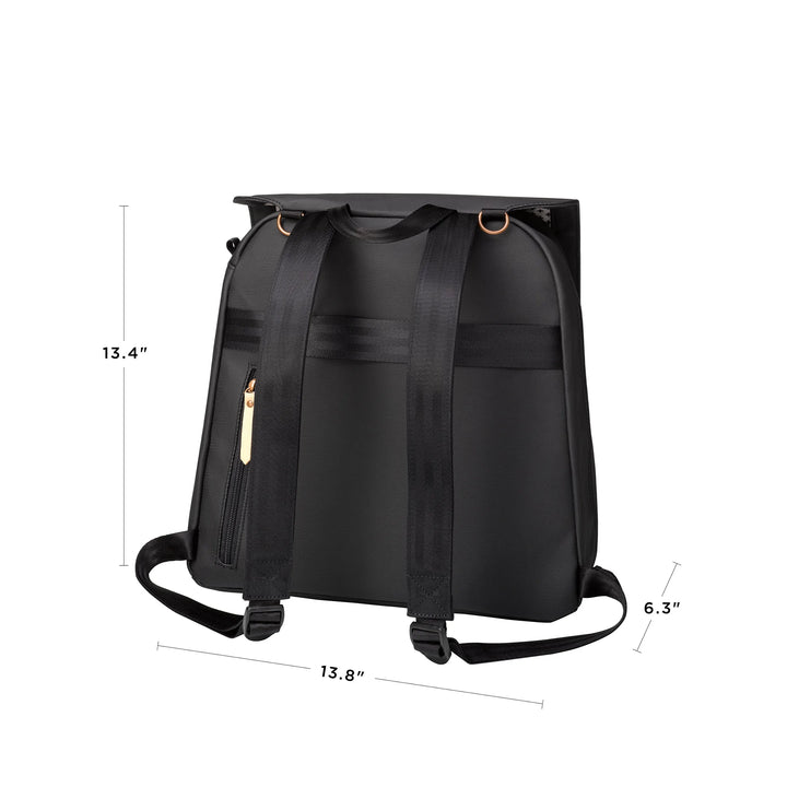 meta backpack in black matte canvas. 13.8 inches in height, 6.7 inches in width, 13.4 inches in length