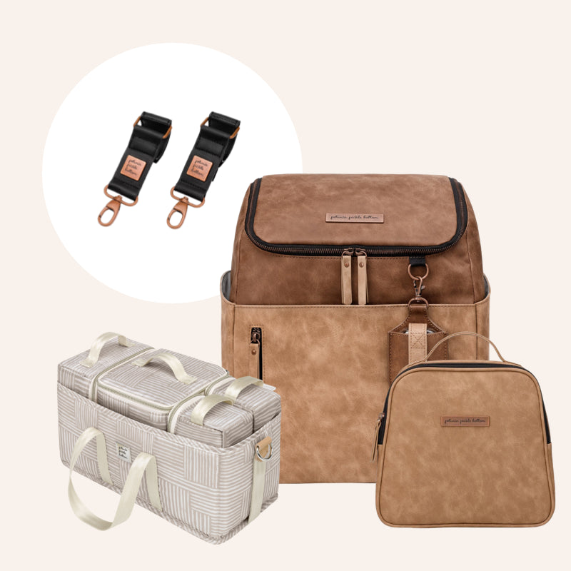 Tempo Backpack Diaper Bag in Brioche, Tandem Tote, Deluxe Kit & Stroller Clips Bundle
