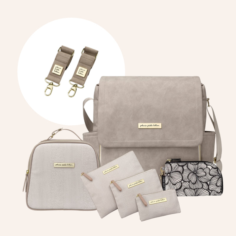 Boxy Backpack in Grey Matte Leatherette, Tandem Tote, Organizer Trio & Stroller Clips Bundle