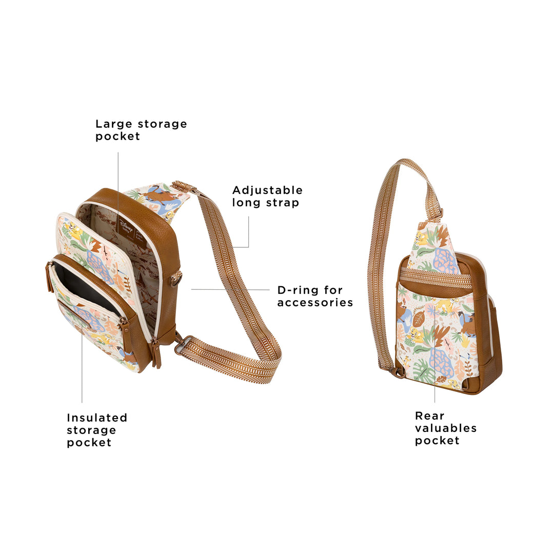 the criss-cross sling has a large storage pocket, adjustable long strap, insulated storage pocket, d-ring for accessories, and rear valuables pocket