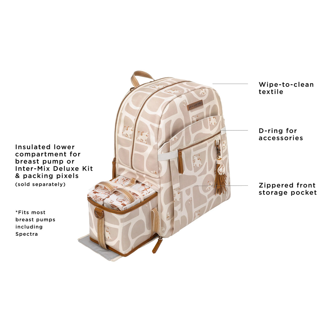 provisions backpack features wipe-to-clean textile, insulated lower compartment for breast pump, d-ring for accessories, zippered front storage pocket